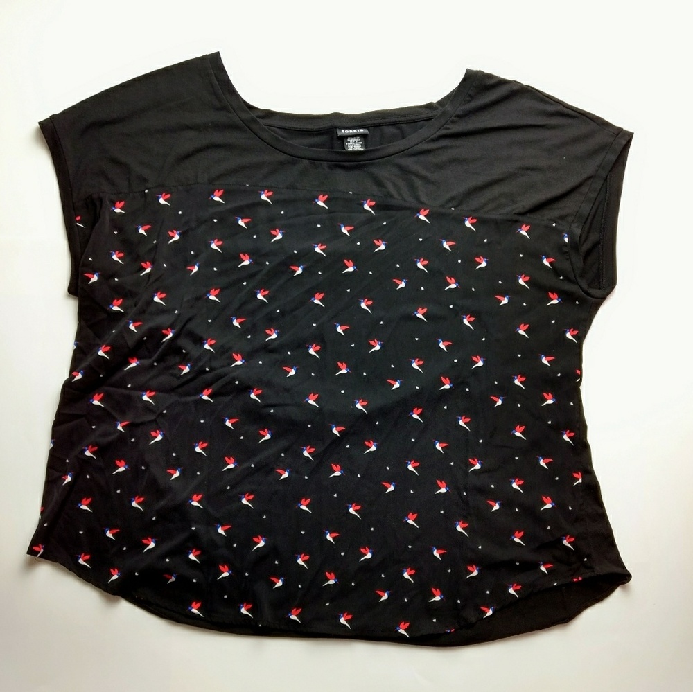Torrid Black Short Sleeve Top 2 Bird Hummingbird
